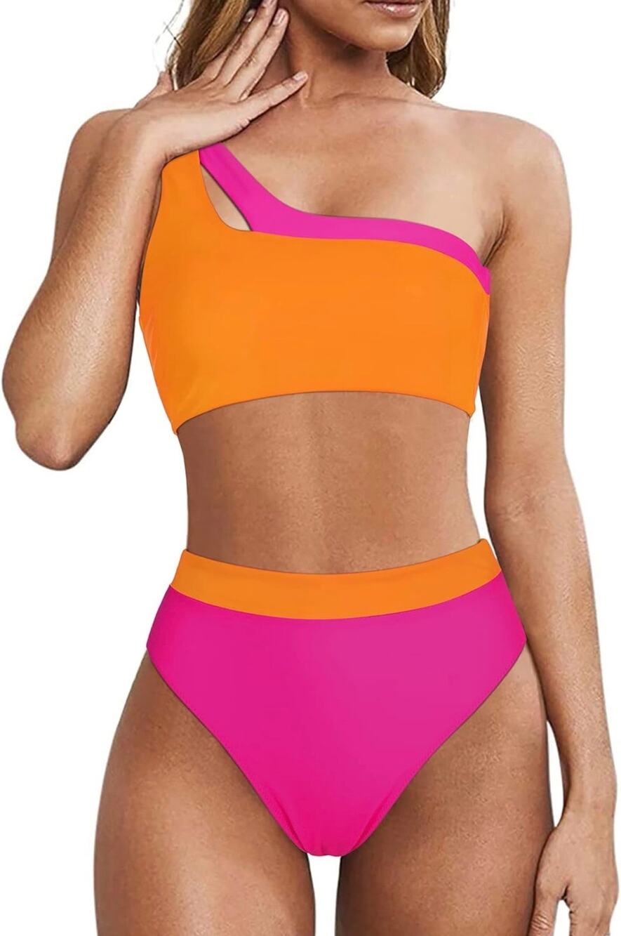 Mooslover One Shoulder Neon Colorblock Two Piece Swimsuit New S